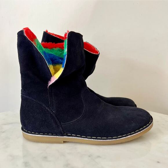 Mini Boden Black Suede Ankle Boots with Multi Colored Striped Faux Fur Lining - Picture 3 of 10